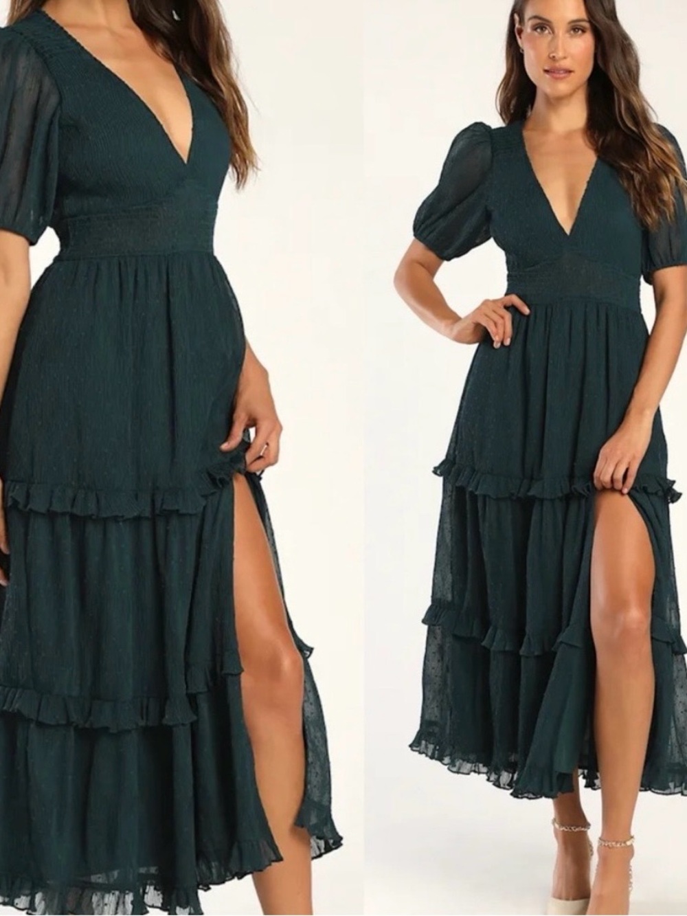 Lulu's Deep Teal V-Neck Tiered Maxi Dress with Puff Sleeves